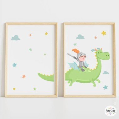 2 láminas de cuadro infantil  - Dragón mágico y caballero