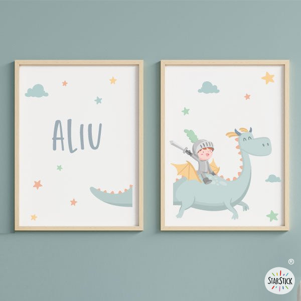 Tableaux enfant personnalisés. Dragon magique et chevalier