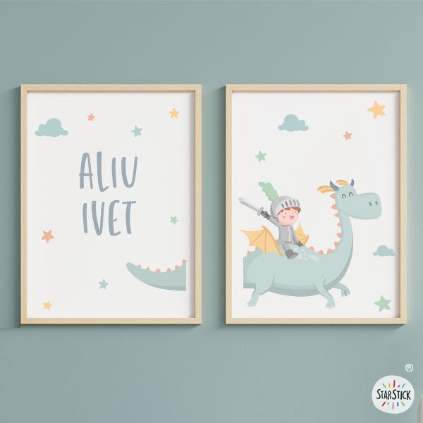Tableaux enfant personnalisés. Dragon magique et chevalier