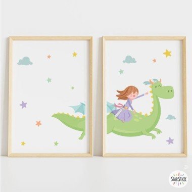 Pack de 2 láminas decorativas - Princesa y dragón