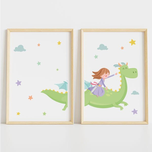 2 quadres decoratius. Princesa i drac. Idees decoració infantil
