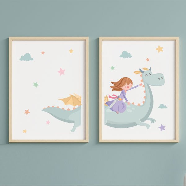 2 quadres decoratius. Princesa i drac. Idees decoració infantil
