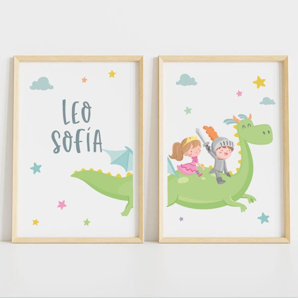 Pack de 2 tableaux personnalisés pour enfant – Dragon, princesse et chevalier