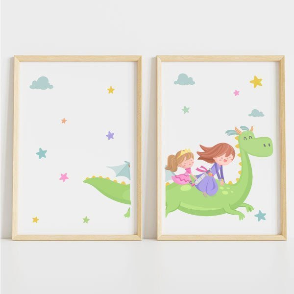 Tableaux  personnalisées pour enfants - Dragon avec 2 princesses