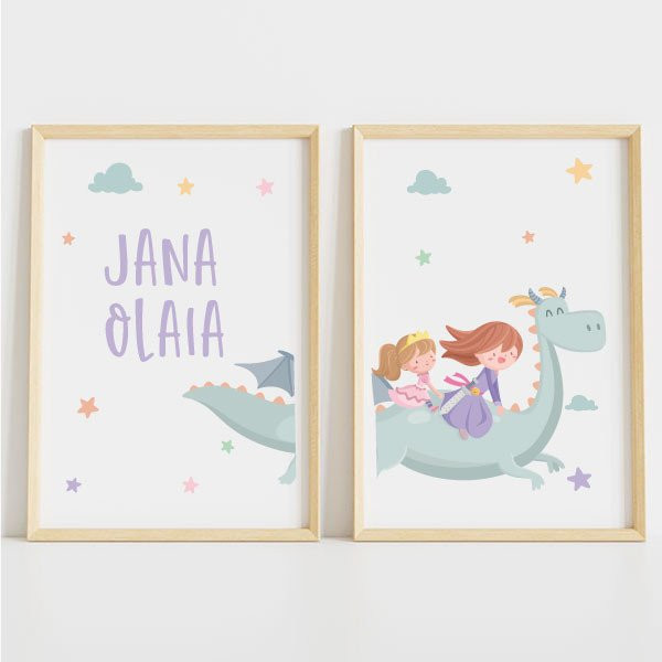 Tableaux  personnalisées pour enfants - Dragon avec 2 princesses