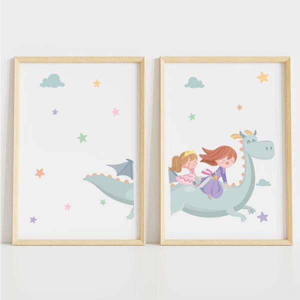 Tableaux  personnalisées pour enfants - Dragon avec 2 princesses