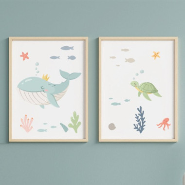 2 Cuadros decorativos para niñas. La ballena reina bajo del mar
