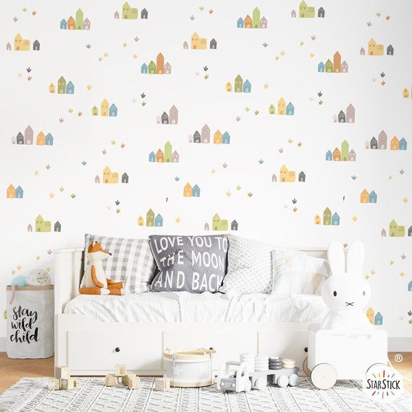 Papel pintado infantil Autoadhesivo paredes y muebles - Casitas