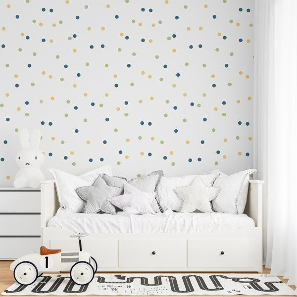 Papel pintado infantil autoadhesivo personalizable con diseño de confeti de colores, fácil de instalar y decorativo.