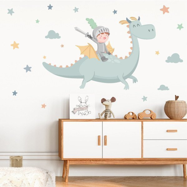 Vinilos infantiles niños - El dragón mágico y el caballero StarStick. Decoración para niños y bebés