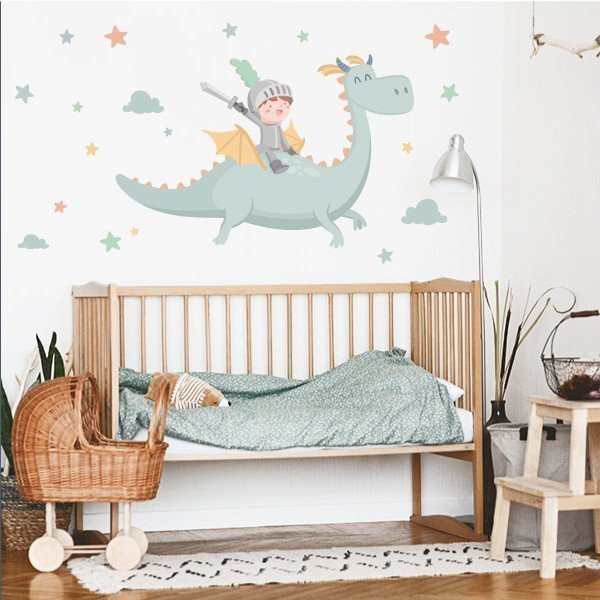 Vinilo decorativo infantil de caballero con dragón mágico para pared de dormitorio infantil.