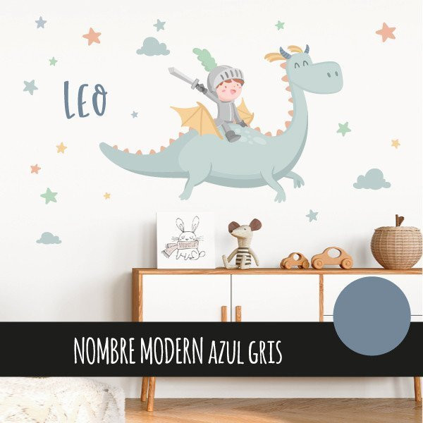 Vinilo decorativo infantil de caballero con dragón mágico para pared de dormitorio infantil.