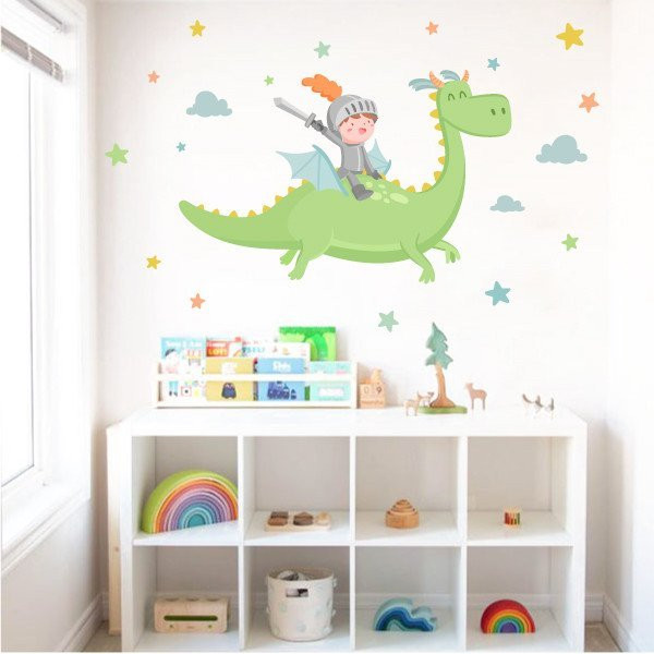 Vinilo decorativo infantil de caballero con dragón mágico para pared de dormitorio infantil.