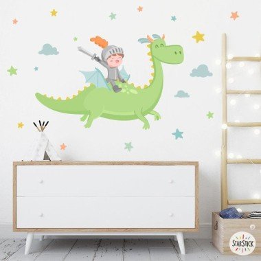 Wall stickers for children - The magical dragon and the knight StarStick. Decoration for children and babies Boy wall decals Approximate measurements of the mounted vinyl (width x height)
Basic: 60x35cm
Small: 90x50cm
Medium: 130x75cm
Large: 170x90cm
Giant: 200x135cm
ADD A NAME TO THE VINYL FROM €9.99

 vinilos infantiles y bebé Starstick