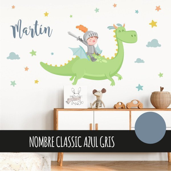 Vinilo decorativo infantil de caballero con dragón mágico para pared de dormitorio infantil.