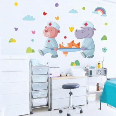 Vinilos decorativos para consultorios de pediatría. Animales con camilla