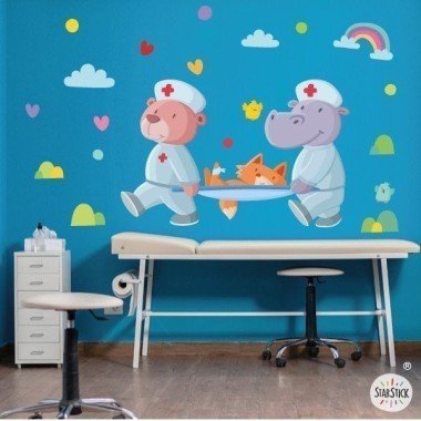 Decoración pediatría - Animales con camilla - Vinilos decorativos para consultorios pediátricos y centros sanitarios