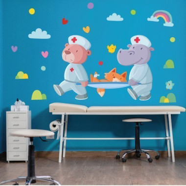 Vinilos decorativos para consultorios de pediatría. Animales con camilla
