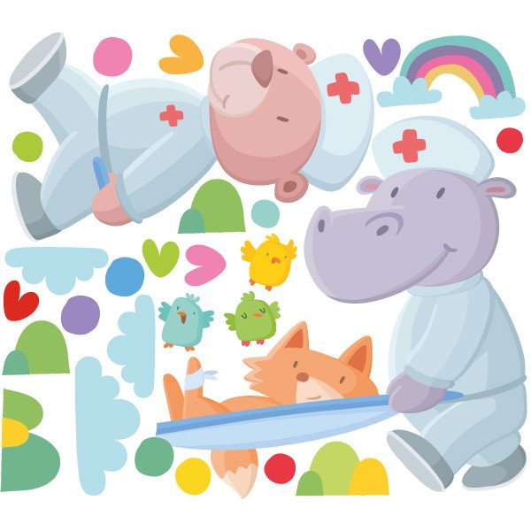 Decoración pediatría - Animales con camilla - Vinilos decorativos para consultorios pediátricos y centros sanitarios