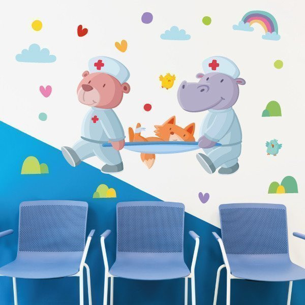 Vinilos decorativos para consultorios de pediatría. Animales con camilla