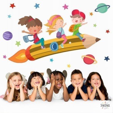 Crayon d'école avec garçons et filles - Stickers muraux pour écoles