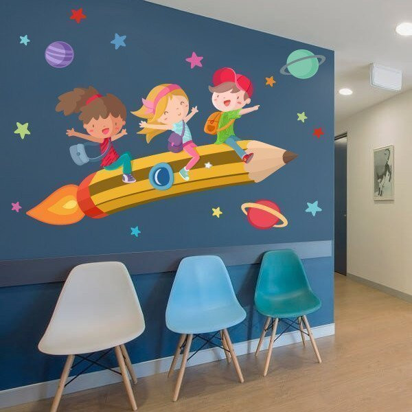 School pencil with boys and girls - Wall stickers for schools