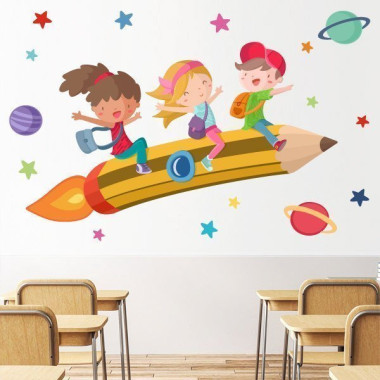 School pencil with boys and girls - Wall stickers for schools
