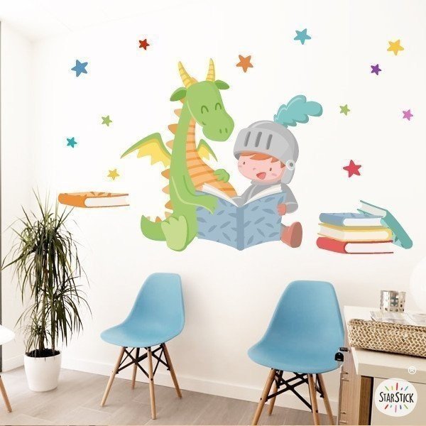 Sticker enfant Dragon et chevalier lisant - Stickers décoratifs pour écoles et bibliothèques