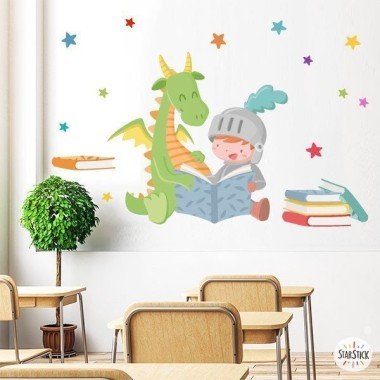 Sticker enfant Dragon et chevalier lisant - Stickers décoratifs pour écoles et bibliothèques