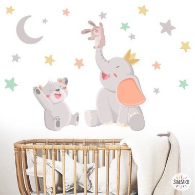 Vinilo infantil y bebé - Animales tocando la luna - Elefante y osito vinilo bebé, niño y niña infantil.