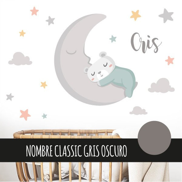 Décoration pour bébé. Sticker Petit ours sur la lune. Turquoise
