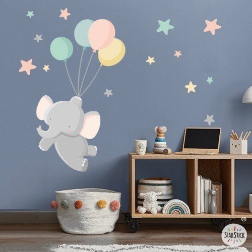 Sticker mural bébé - Éléphant avec des ballons