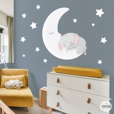 Vinilos infantiles bebé - Elefante en la luna - decoración infantil para bebés de colores