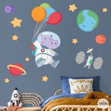 Wall decal for baby Hippopotamus astronaut with balloons - Baby wall stickers