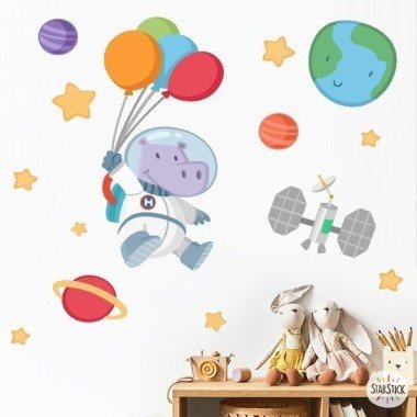 Sticker bébé Hippo astronaute avec ballons - Stickers chambre bébé