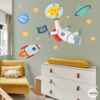 Sticker mural pour enfants - Girafe astronaute - Déco enfant originale