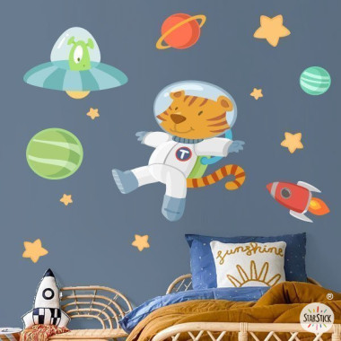 Kids Wall Sticker Astronaut Tiger and Alien – Space Nursery & Bedroom Decor