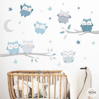 Sticker for baby - Owls. MINT / BLUE / GRAY - Baby room decoration