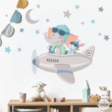 Baby wall sticker - Plane with elephant - Pastel