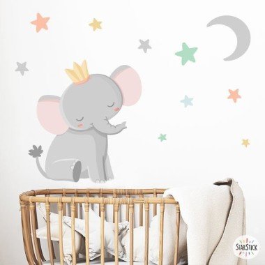 Decoración habitación bebé – Rey Elefante con corona - Vinilos infantiles decorativos