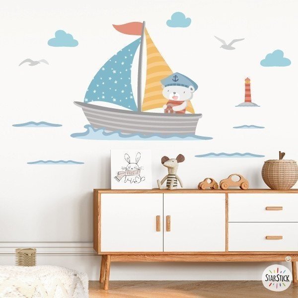 Baby sticker Little boat with sailor bear - Children's decorative sticker