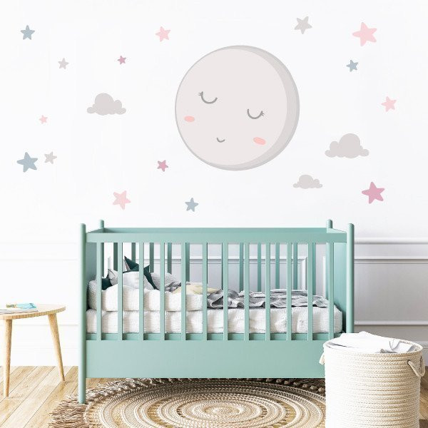 Lune pleine avec étoiles MINT ou ROSE - Stickers décoratifs pour bébé