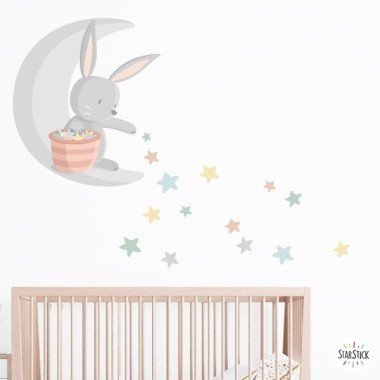 Lapin sur la lune distribuant des étoiles - Sticker mural bébé