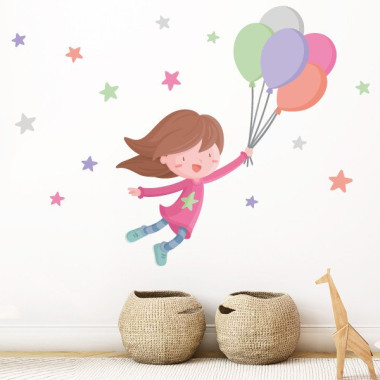Vinilos niña con globos y estrellas para decorar habitación de niña