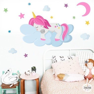Sticker enfants - Licorne dormant dans les nuages ​​- Sticker décoratif pour filles
