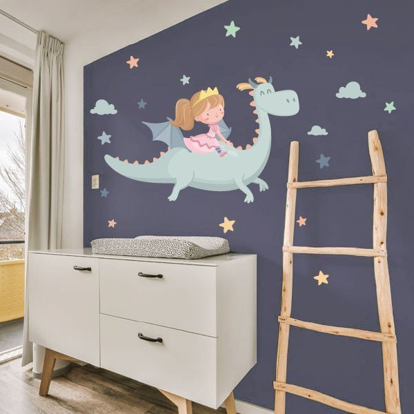 Wall stickers for girls - Little princess and dragon - Nursery decoration StarStick