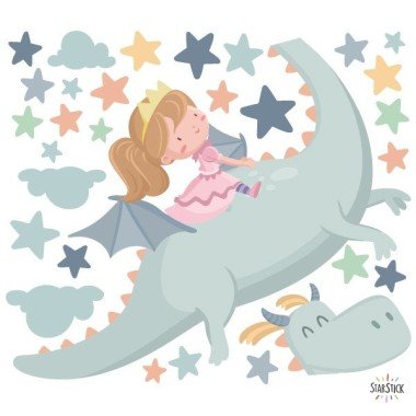 Vinilos de pared para niñas - Pequeña princesa y dragón - Decoración infantil StarStick