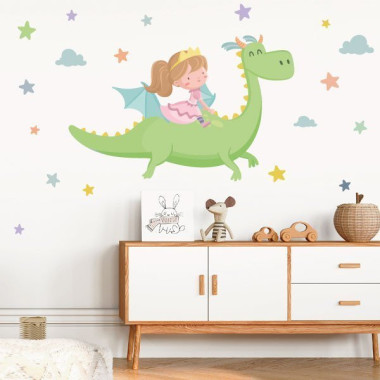 Vinilo infantil niña Pequeña princesa y dragón, pegatina adhesiva decorativa de pared para habitación infantil.