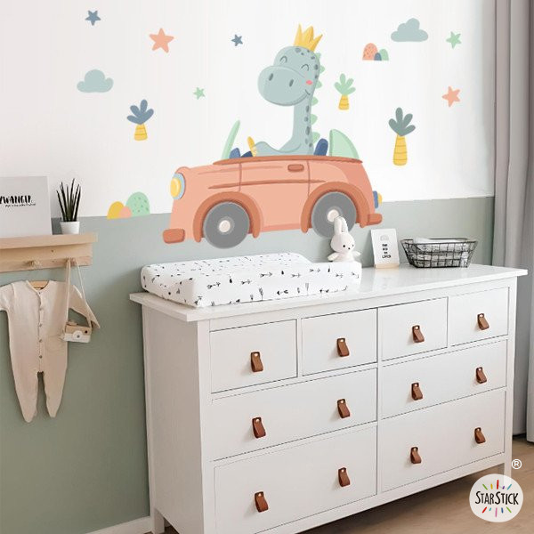 Vinilos infantiles - Coche con dinosaurio - Decoración para habitaciones de bebé