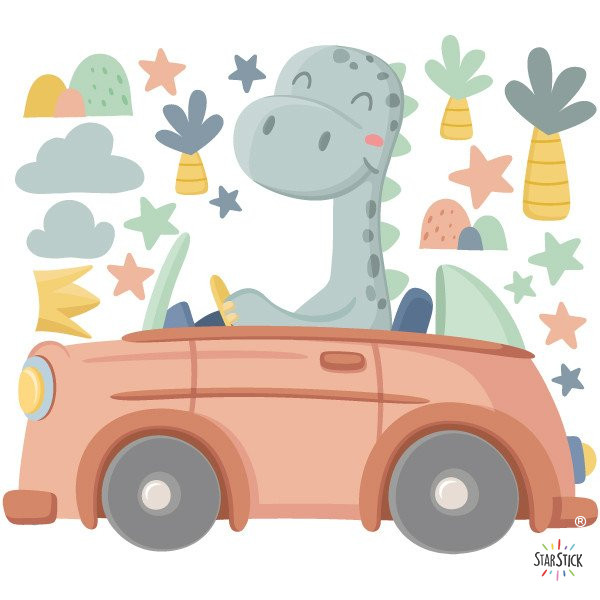 Sticker pour enfants - Voiture avec dinosaure - Décoration pour chambres de bébé